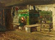 Georg Saal view into a Blackforest living room with small girl on the oven bench France oil painting artist